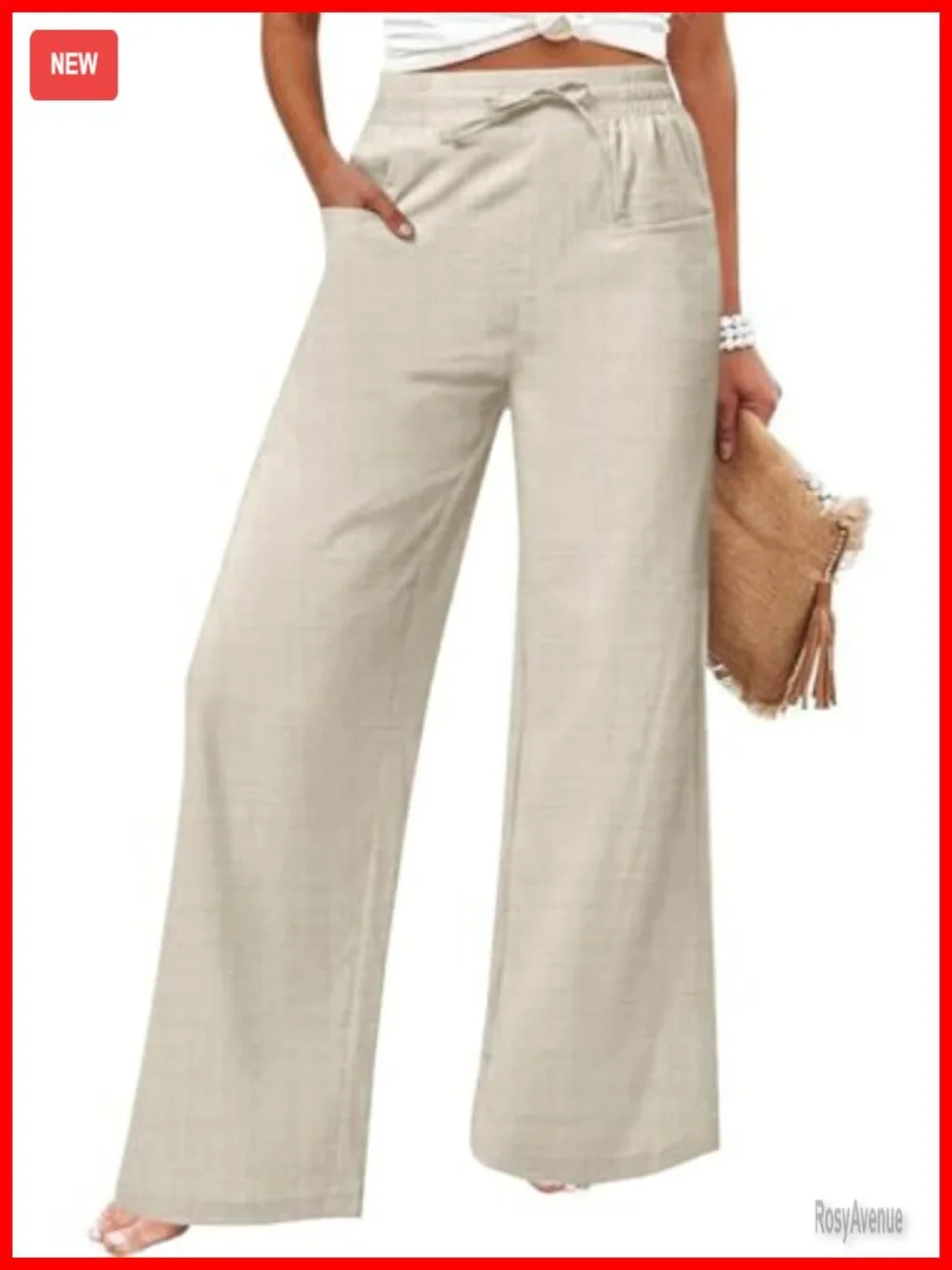 Linen Blend High Waisted Wide Leg Pants with Pockets Drawstring Lounge